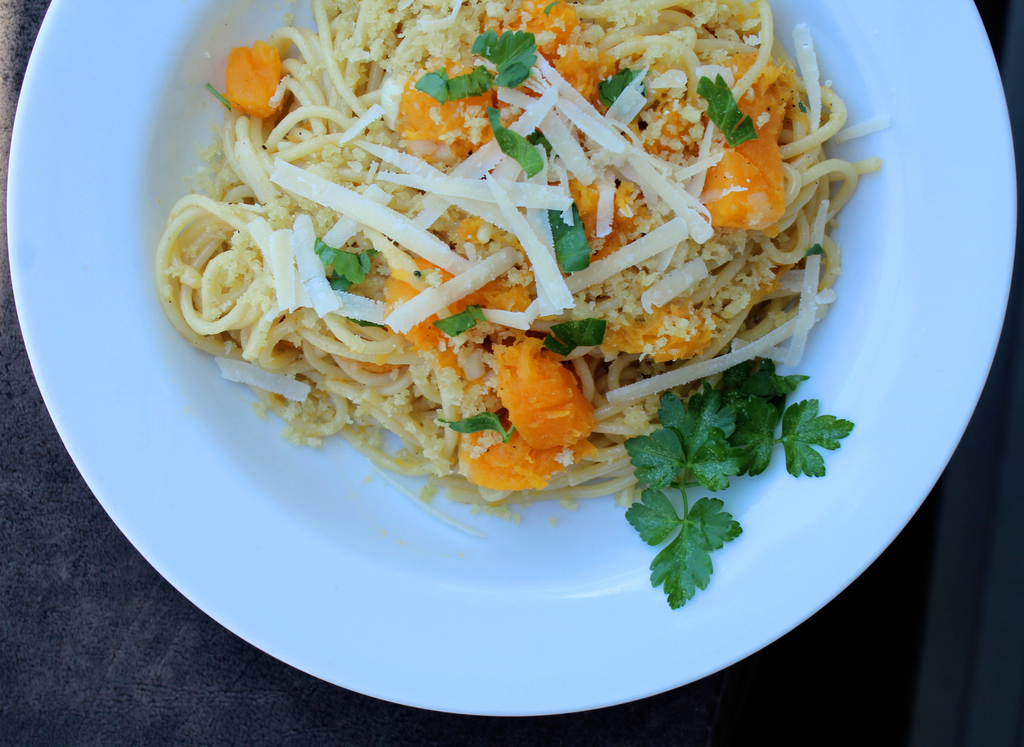 Beautiful and simple butternut squash pasta with freshly grated parmesan cheese