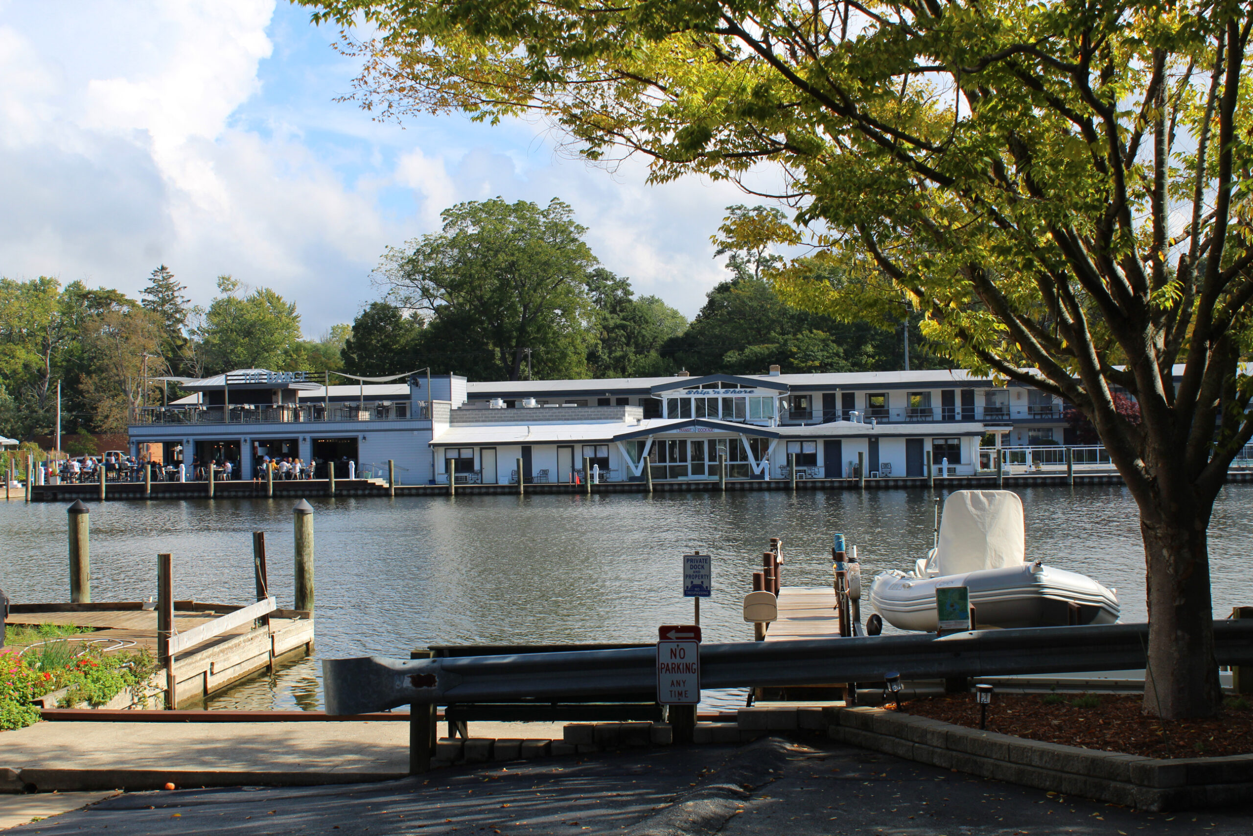 The iconic Ship-N-Shore motel-boatel on Water Street in the heart of Saugatuck features a riverfront pool and timeless appeal