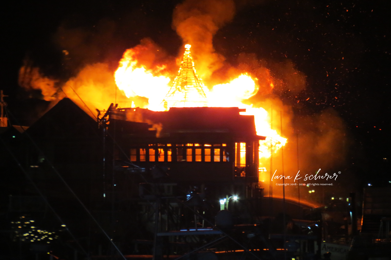 Scene of the fire at AJs restaurant on the Destin harbor, February 9, 2016