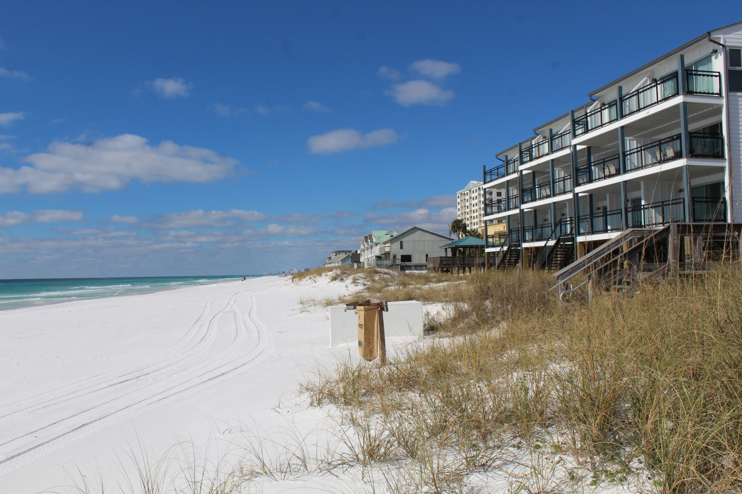 An example of prime beachfront property, the units are directly accessible to the sand at ground level. Miramar Beach, Northwest Florida.