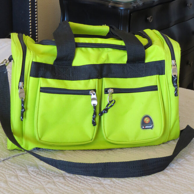 chartreuse duffel bag with zippers, snowbird blog, Midlife Snowbird, The Emerald Coast, FL